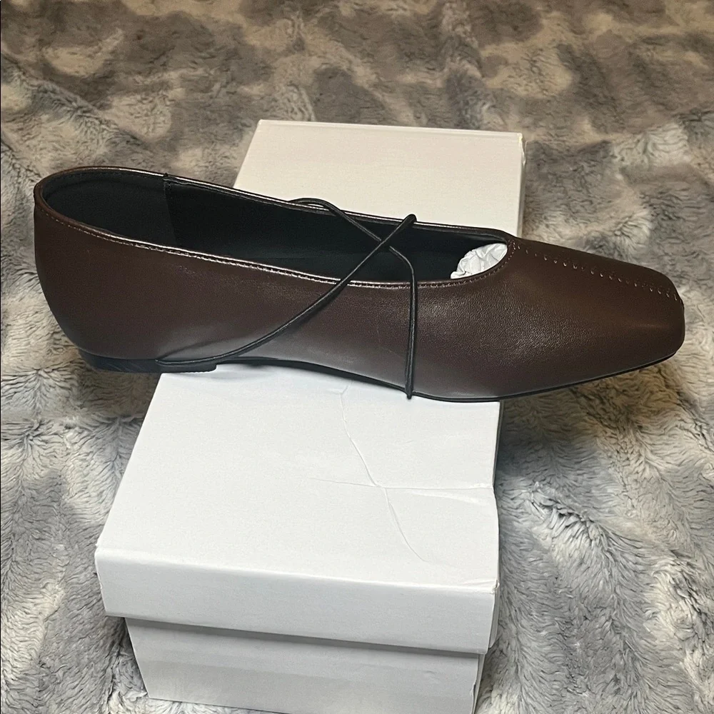 Brown Square-Toe Crisscross Strap Flats - Picture 10 of 17